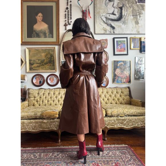 70s Faux Leather Chocolate Leather Trench Coat Size M/L 32" by Amerex - Picture 7 of 14